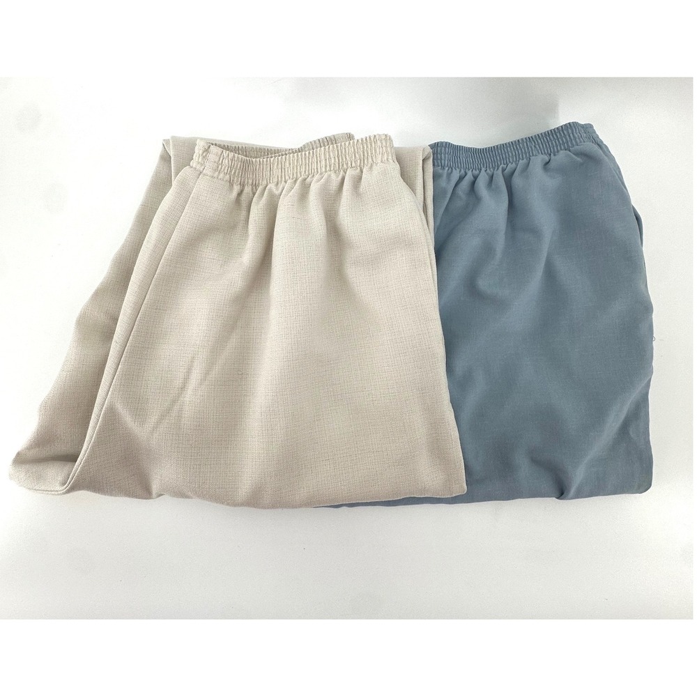 Alfred Dunner Petite Pants Lot of 2 14P Blue Beige Elastic Waist Linen Blend
